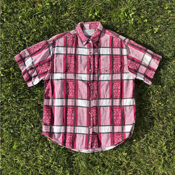 Citi-Craze Sophisticates Tops - Vtg Citi-Craze Sophisticates S/S Button-Up Shirt Womens M Red Wht Plaid Abstract